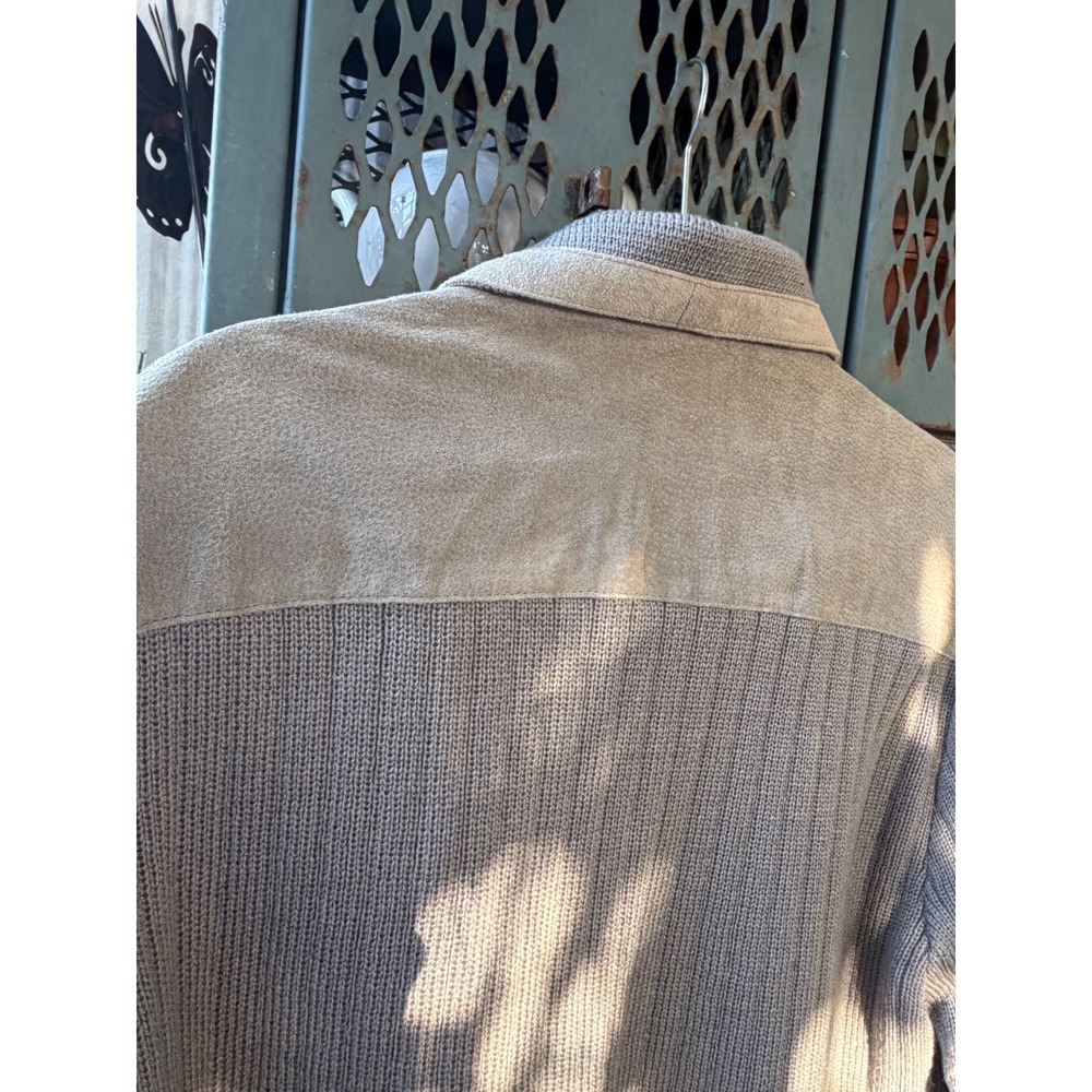 Haband Mens XL Split Leather Knit Bomber Jacket Gray Cable Detail Full Zip